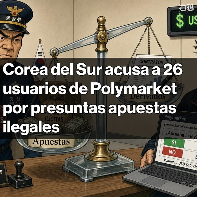 A news graphic in Spanish with a judge, police officer, and scale of justice, headlined 'Corea del Sur acusa a 26 usuarios de Polymarket por presuntas apuestas ilegales.'