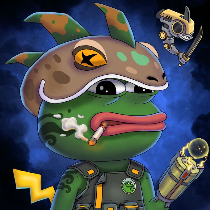 The image features a cartoon frog wearing a helmet with a skull design and holding a cigarette. The caption reads "Did this @PepeExplorers traverse into World of Warcraft, and kill a murloc to wear it as headgear?". This suggests that the frog is from the Pokemon universe and has been involved in an adventure or battle within the game.