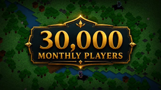 A graphic displaying '30,000 MONTHLY PLAYERS' in gold lettering is overlaid on a pixelated green forest landscape.
