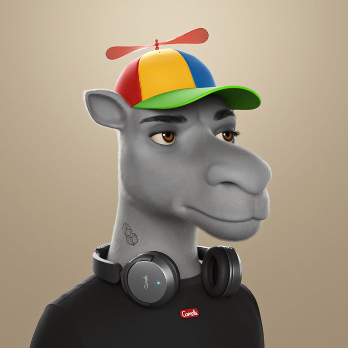 A 3D-rendered grey camel character wears black "Camels" branded noise-cancelling headphones and a colorful propeller cap over a black shirt displaying the "Camels" logo, matching the post's playful "Monday survival" vibe for the Camels NFT community while promoting the $wTURTLE ecosystem at camelsnft.io.