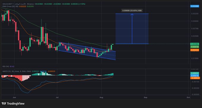 A TradingView chart of DOLO/USDT on Binance shows a daily candlestick view with a falling wedge pattern highlighted, projecting a 33.83% potential gain to a target of 0.0320 from the current price of 0.023, matching the post's entry, stop-loss, and target levels.