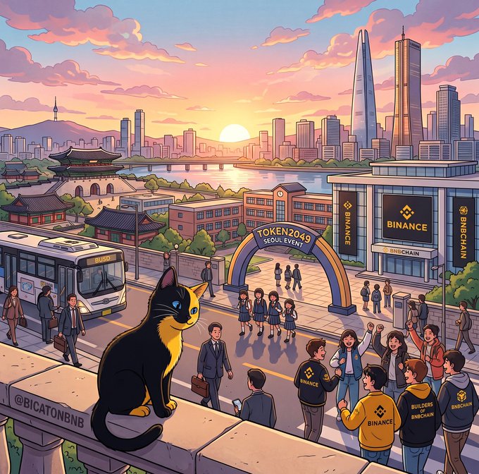 An anime-style illustration of a cityscape at sunset featuring a 'TOKEN2049 SEOUL EVENT' archway, people wearing Binance apparel, a bus, traditional buildings, modern skyscrapers, and a black and orange cat labeled '@BICATONBNB' sitting on a wall.
