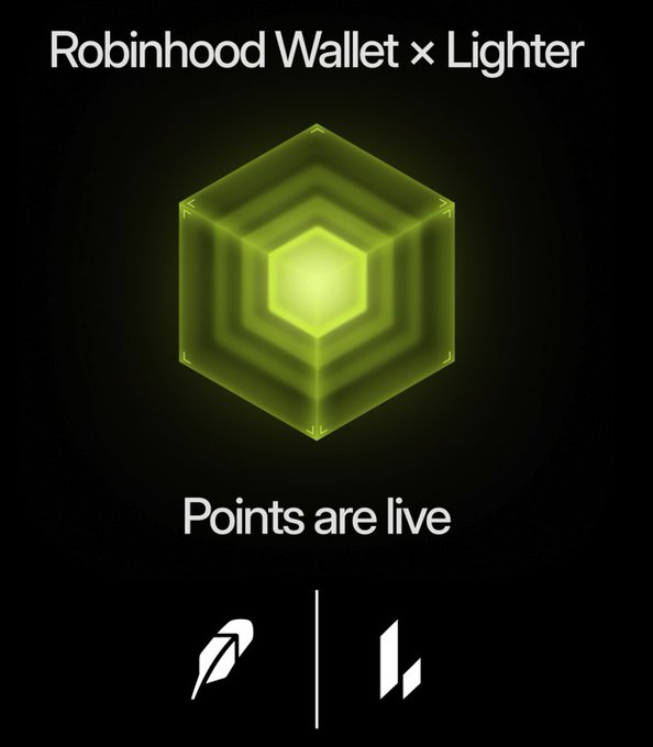 The image is a promotional graphic featuring a glowing green hexagonal tunnel design with the text "Robinhood Wallet x Lighter" at the top and "Points are live" in the center, alongside Robinhood and Lighter logos at the bottom. The graphic advertises a partnership between Robinhood Wallet and Lighter, supporting the post's message about a points-based airdrop distribution of 11 million $LIT tokens exclusive to users who imported their wallets into Robinhood Wallet.