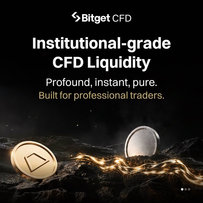A promotional graphic for Bitget CFD advertising 'Institutional-grade CFD Liquidity – Profound, instant, pure. Built for professional traders,' accompanied by gold and silver coin visuals.