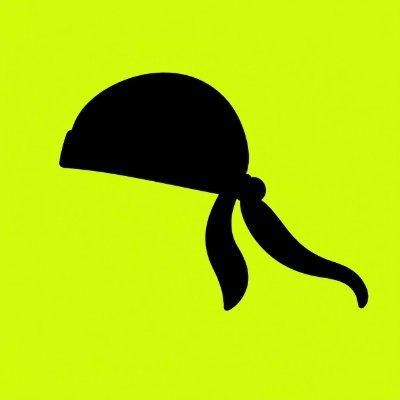 A simple graphic on a bright yellow-green background shows a black silhouette of a bandana tied at the back.
