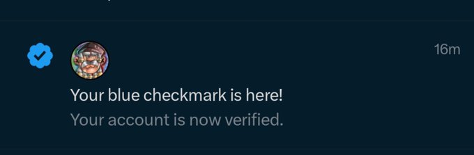 A notification confirms account verification, reading 'Your blue checkmark is here! Your account is now verified.' alongside a verified profile picture.