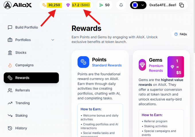 A screenshot of the AlloX platform's Rewards page, with red arrows pointing to balances of 30,250 points and 17.2 gems ($86).