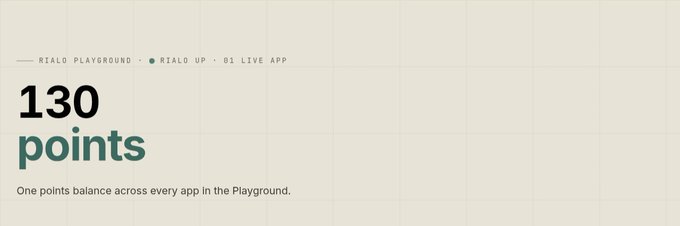 A graphic displaying '130 points' with text 'RIALO PLAYGROUND · RIALO UP · B1 LIVE APP' above it and 'One points balance across every app in the Playground' below.