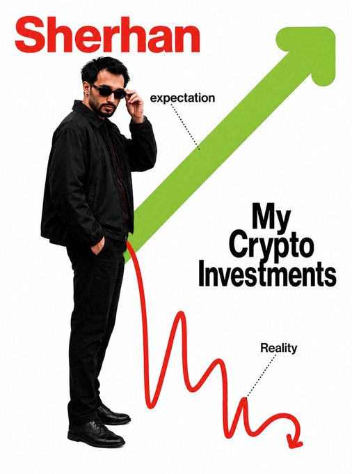 A man in a black jacket and sunglasses stands beside a chart contrasting "expectation" (a green arrow rising sharply) with "Reality" (a red line plummeting downward) for "My Crypto Investments," humorously illustrating the gap between hoped-for portfolio growth and actual crypto performance in the morning post.
