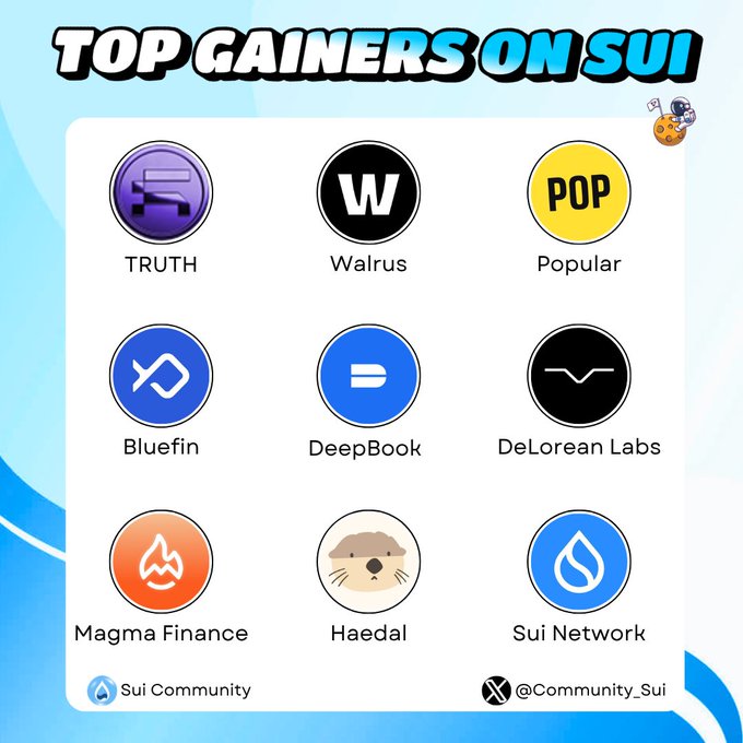 A graphic titled 'TOP GAINERS ON SUI' shows cryptocurrency tokens including TRUTH, Walrus, Popular, Bluefin, DeepBook, DeLorean Labs, Magma Finance, Haedal, and Sui Network.