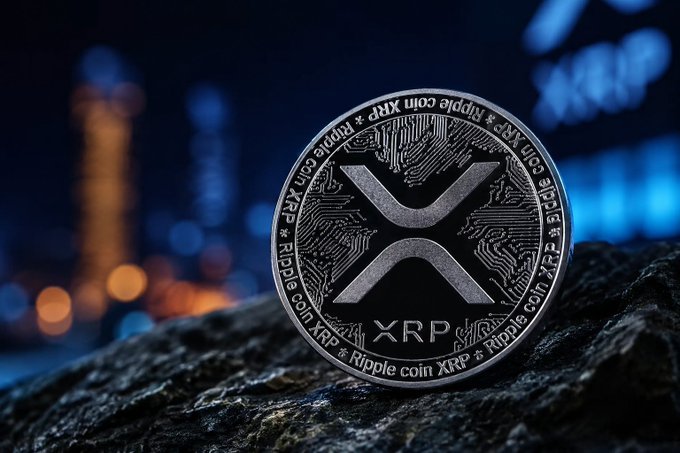 xtrp coin, a black and silver digital currency token, is displayed on a rock against a dark blue night sky with city lights.
