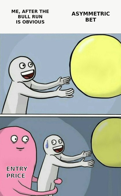 A two-panel meme captioned 'ME, AFTER THE BULL RUN IS OBVIOUS' and 'ASYMMETRIC BET' showing a figure happily grabbing a ball, then being held back by a pink figure labeled 'ENTRY PRICE'.