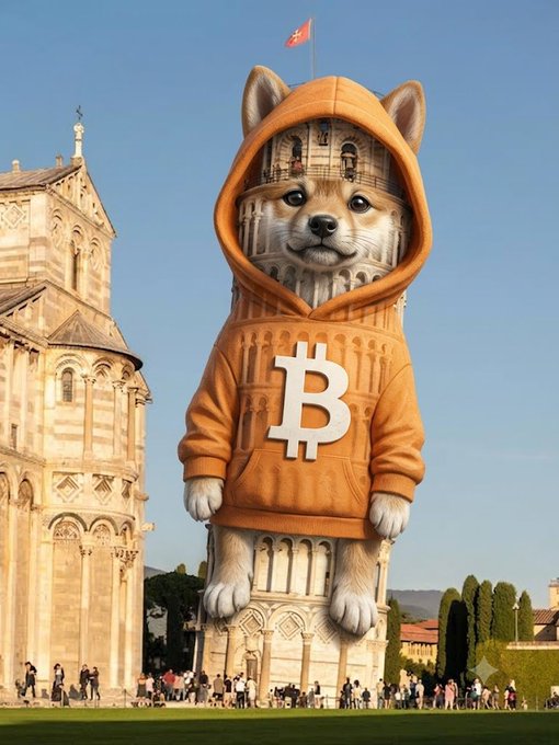 AI-generated image of a Shiba Inu dog wearing an orange Bitcoin hoodie, creatively merged with Romanesque cathedral architecture in a sunny plaza.