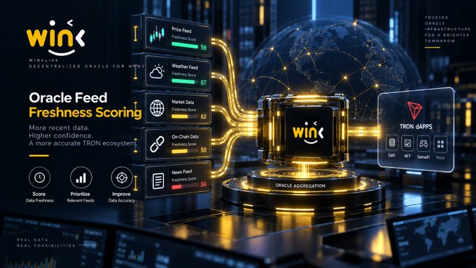 A promotional graphic for Wink's Decentralized Oracle, highlighting 'Oracle Feed Freshness Scoring' with various data feeds and a connection to Tron DApps.
