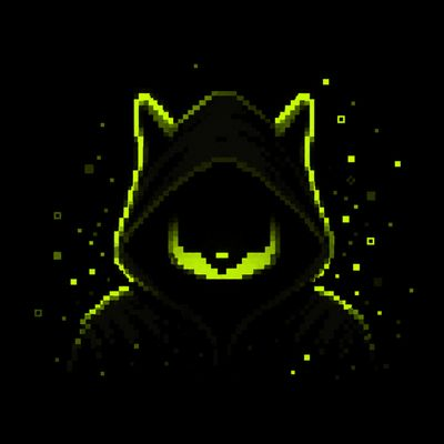 A pixel art image of a hooded figure with glowing green cat-like eyes on a black background with floating green pixels.