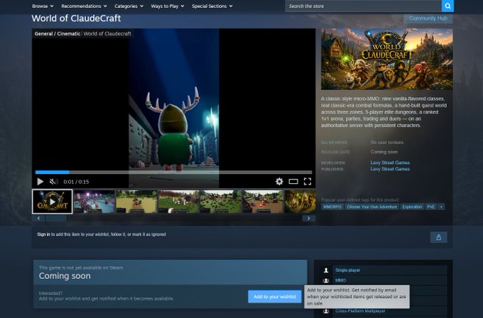 A Steam store page screenshot shows the game "World of ClaudeCraft," described as a classic-style micro-MMO with vanilla-flavored classes, real combat, and a hand-built quest world.