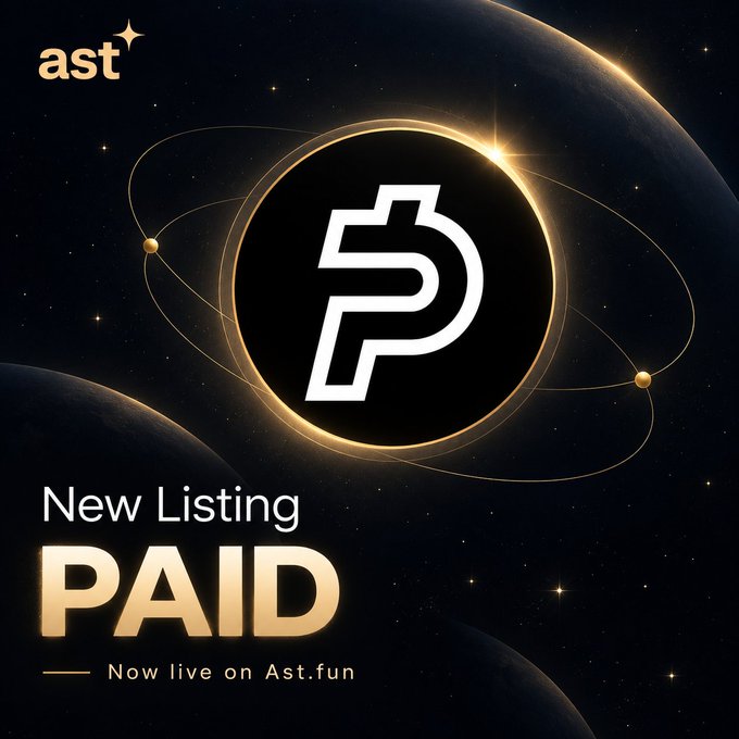 Promotional graphic announcing a new listing for the PAID token on Ast.fun, featuring a cosmic space background with a stylized P logo.
