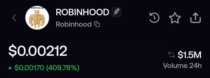 The image shows a cryptocurrency token called "ROBINHOOD" (likely a meme coin, not the actual Robinhood trading platform) priced at $0.000212, up 409.78% ($0.000170) with $1.5M in 24-hour volume. This relates to the post suggesting a price prediction from $500k to $2.1M market cap, with the poster targeting $10M next for the $ROBINHOOD token.