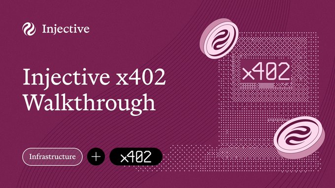 The image features a purple background with white text that reads "Injective x402 Walkthrough", followed by two numbers, "x402" and "402". The numbers are positioned above and below each other, creating an interesting visual effect. The rest of the image is in black and white, providing contrast to the vibrant purple background.