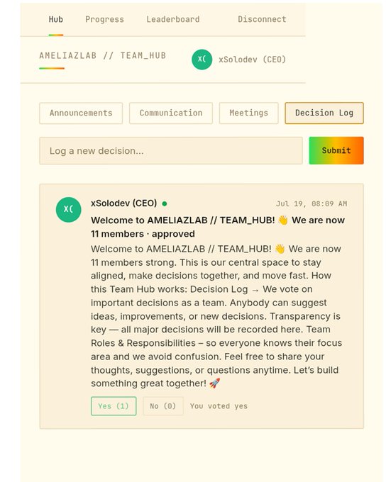 A Team Hub interface for AMELIAZLAB showing a welcome message from CEO xSolodev announcing 11 approved members and introducing a Decision Log for transparent team voting and roles.