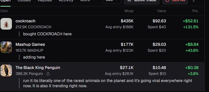 A cryptocurrency trading interface displaying positions for 'cockroach' (+131.5% profit), 'Mashup Games' (+43.8% profit), and 'The Black King Penguin' (+3.8% profit).
