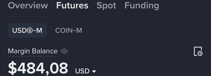 A trading app interface with tabs Overview, Futures, Spot, and Funding, showing USDⓈ-M selected and a Margin Balance of $484.08 USD.
