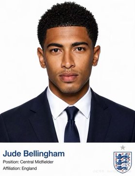 An official England football team headshot of Jude Bellingham in a navy suit and tie, identifying him as a Central Midfielder affiliated with England, featuring the Three Lions crest.