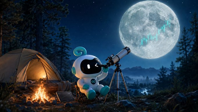 A small white and teal robot sits beside a telescope under a starlit sky, gazing up at an enormous full moon displaying a pixelated blue Bitcoin-style "₿" symbol. The scene ties perfectly to the "GM" post about still looking for the moon—capturing the crypto community's optimistic chase for Bitcoin's price to reach the moon.