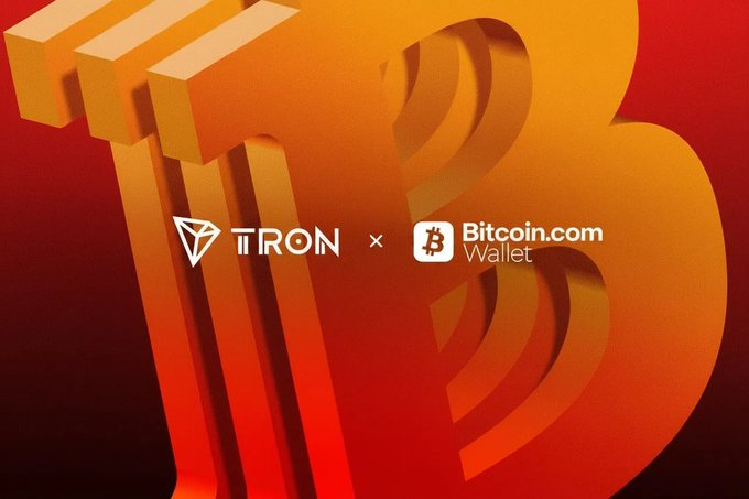 Promotional image showing 'TRON x Bitcoin.com Wallet' collaboration with a 3D orange Bitcoin and TRON logo on a red and orange background.