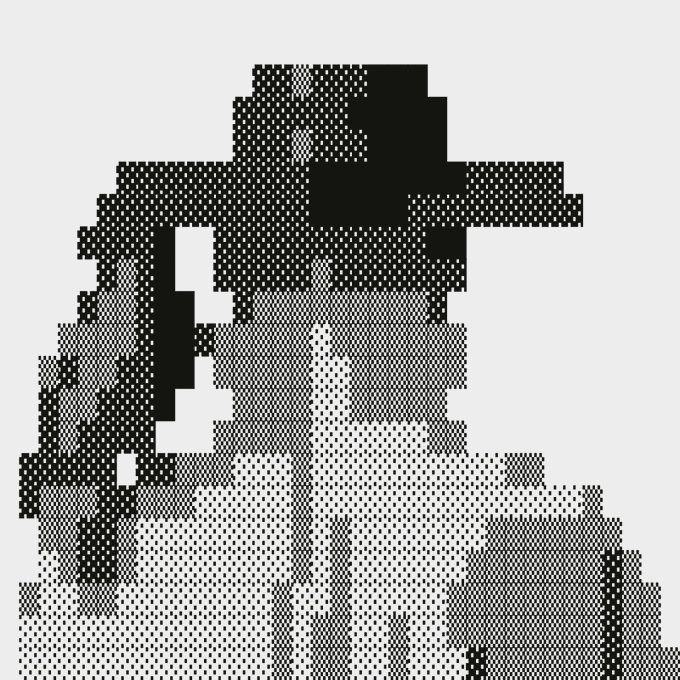A high-contrast black and white pixelated or dithered image that appears abstract or partially obscured, showing blocky textured shapes.