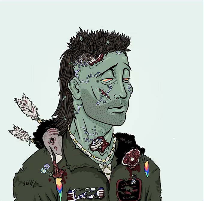 An illustrated portrait of a green-skinned, zombie-like figure with a mullet hairstyle, arrows in his shoulder, exposed teeth/wounds on his chest, and colorful paint streaks, wearing a dark jacket with patches.