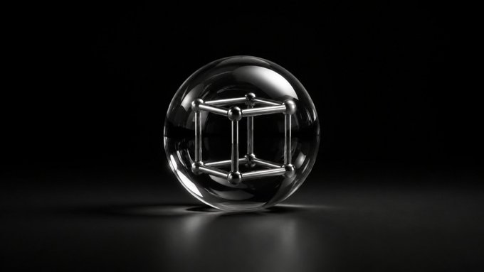 A transparent glass sphere containing a metallic cube structure sits on a dark reflective surface against a black background.