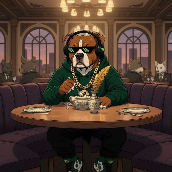 A digital illustration of an anthropomorphic brown and white dog wearing a green hoodie, gold chain, pixelated sunglasses, and sneakers, sitting at a restaurant table eating from a bowl.