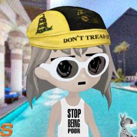 A cartoon character wearing a yellow "DON'T TREAD" hat and sunglasses stands poolside, with a shirt reading "STOP BEING POOR." The image humorously reflects the post about Pumpfun's strategy to boost token distribution without restricting access, poking fun at crypto culture's pursuit of financial success.