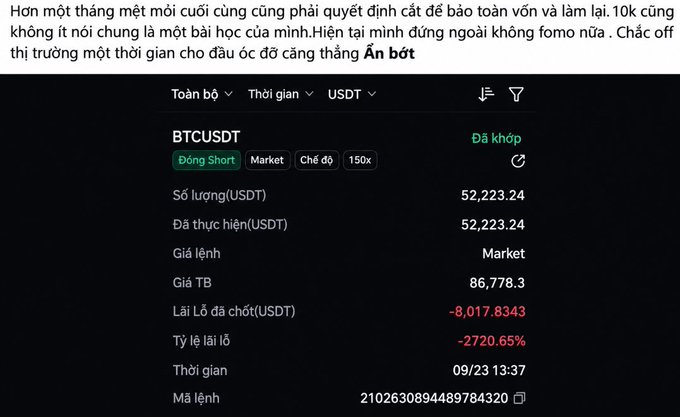 A cryptocurrency trading interface showing a closed short position for 'BTCUSDT' with a significant loss of -8,017.8343 USDT and a -2720.65% return, accompanied by Vietnamese text about financial struggles.