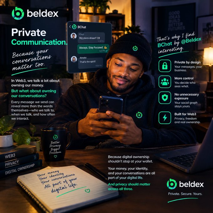 A promotional graphic for Beldex titled 'Private Communication' featuring a man using a smartphone and chat messages.