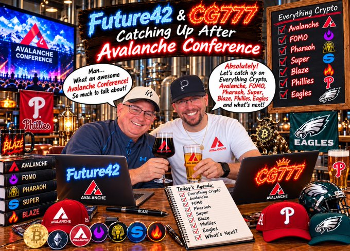 Promotional image for 'Future42 & CG777 Catching Up After Avalanche Conference,' with a checklist of cryptocurrencies (Avalanche, FOMO, Pharaoh, Super, Blaze, Phillies, Eagles) and speech bubbles discussing crypto topics.