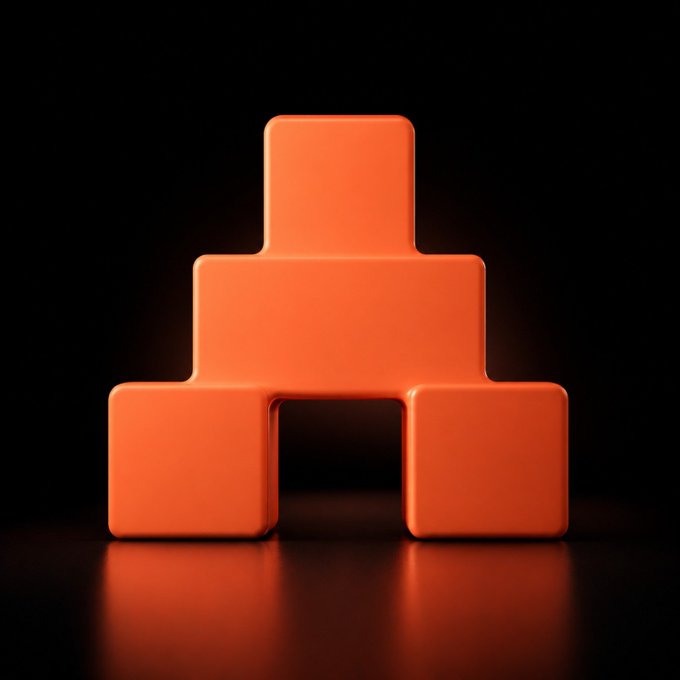 3D rendered glossy red geometric shape resembling a stylized arch or blocky structure against a pure black background with subtle reflections.