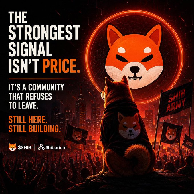 A Shiba Inu sits overlooking a dark, fiery cityscape beneath a glowing circular emblem of the Shiba mascot, with "SHIB ARMY" flags held by a massive crowd below. Bold text declares "THE STRONGEST SIGNAL ISN'T PRICE" and "STILL HERE. STILL BUILDING," with "$SHIB" and "Shibarium" branding at the bottom — reinforcing the post's message about community loyalty and ongoing commitment beyond price action.