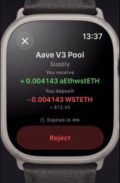 A Apple Watch displays an Aave V3 Pool transaction confirmation requesting a supply of +0.004143 aEthwstETH (worth ~$12.43) in exchange for a deposit of -0.004143 WSTETH, with a "Reject" button and a 4-minute expiration timer. This exemplifies the secure cross-device signing workflow, where the Apple Watch serves as the trusted final authorization device for transactions initiated from another platform like zkxwallet.
