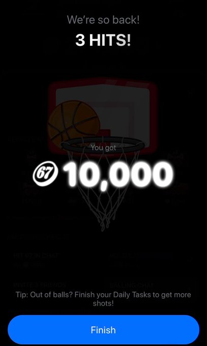 A mobile app screen showing a basketball hoop with 'We're so back! 3 HITS!' and a prize of '10,000' with a 'Finish' button at the bottom.