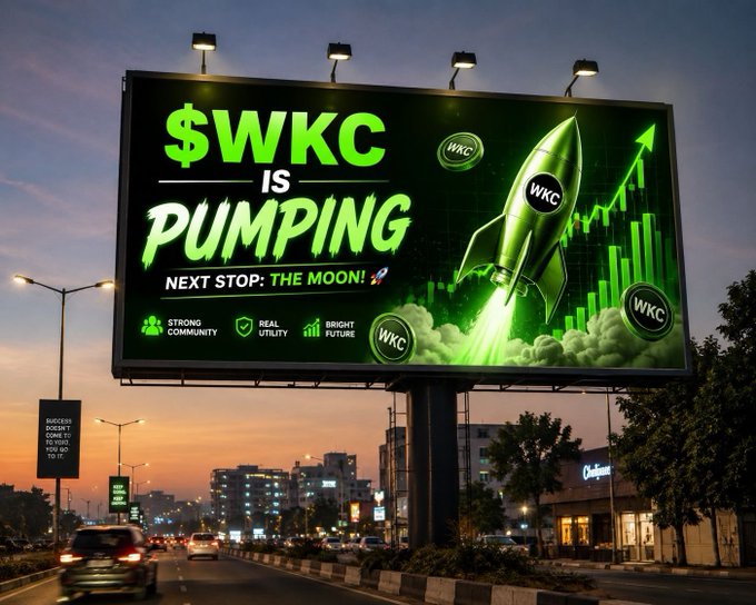 Large outdoor billboard advertisement reading '$WKC IS PUMPING - NEXT STOP: THE MOON!' featuring a rocket ship and ascending green chart, with tags 'STRONG COMMUNITY', 'REAL UTILITY', and 'BRIGHT FUTURE'.