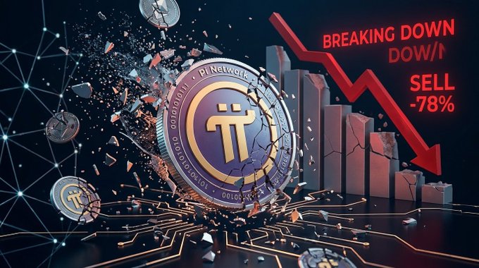 A stylized cryptocurrency market-crash scene featuring a cracked gold Bitcoin coin, a descending red chart, and the text “BREAKING DOWN DOWN!! SELL -78%.”