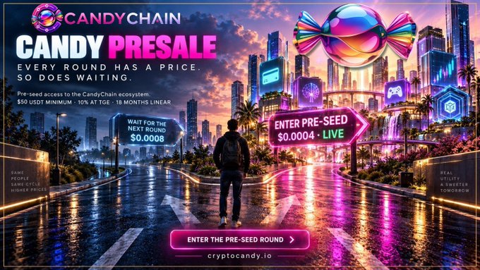 A futuristic cityscape advertisement for the CandyChain ($CANDY) presale, featuring a person standing at a crossroads with glowing arrows displaying "WAIT FOR THE NEXT ROUND $0.0008" and "ENTER PRE-SEED $0.0004 LIVE," promoting the crypto project's Layer-1 ecosystem at cryptocandy.io with a $50 minimum and 10% TGE bonus.

The image visually reinforces the post's message by illustrating a choice between waiting or entering early, symbolizing the urgency and opportunity the tweet highlights about CandyChain's substantive utility versus empty presale promises.