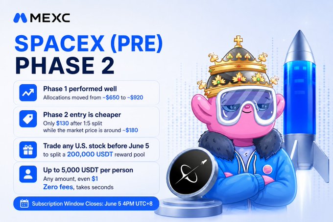 The image features a cartoon character wearing a crown and glasses, standing next to a rocket ship. The caption of the image reads "It'S not every day the same door opens twice, let alone with a lower entry fee. That's probably the most overlooked part of @MEXC SPACEX (PRE) Phase 2". This suggests that the character is related to the space exploration theme and might be involved in some sort of adventure or mission involving the rocket ship. The image also includes text about the phase two of the space exploration project, which could be a part of the MEXC SPACEX series.