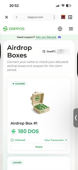 A mobile screenshot from dappos.com showing a DAPPOS Airdrop Boxes page where a wallet has claimed Airdrop Box #1 for 180 DOS tokens.