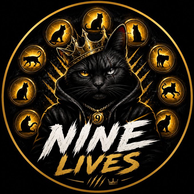 A stylized graphic featuring a black cat wearing a crown and hoodie, surrounded by nine circular cat silhouettes, with the text "NINE LIVES" prominently displayed below.