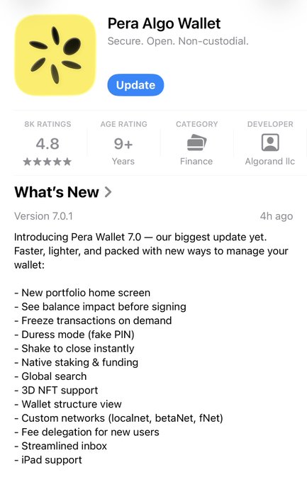 An App Store listing for 'Pera Algo Wallet' by Algorand Inc., showing version 7.0.1 update notes including new features like 3D NFT support, duress mode, and iPad support.