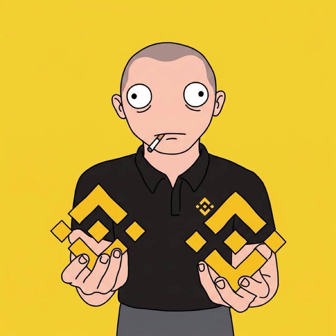 A cartoon illustration of a wide-eyed man with a cigarette in his mouth, holding two yellow Binance logo cubes against a yellow background.