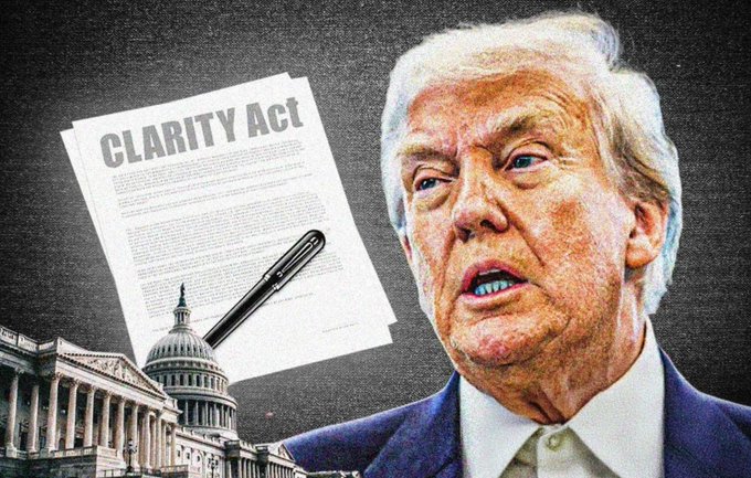 Donald Trump is depicted with a document titled "CLARITY Act" and the Capitol building, symbolizing his potential influence on upcoming U.S. crypto regulation.